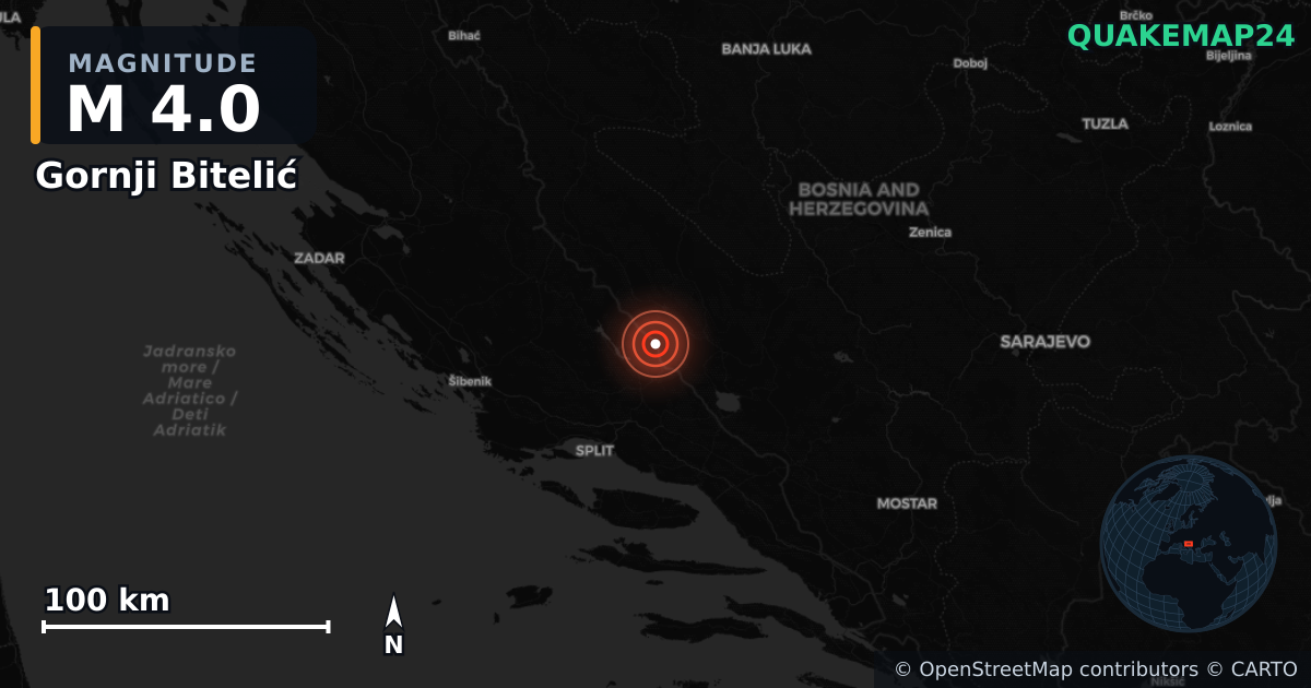 M4.0 earthquake near Gornji Bitelić on May 25, 2026 — map of epicenter and shaking intensity | QuakeMap24
