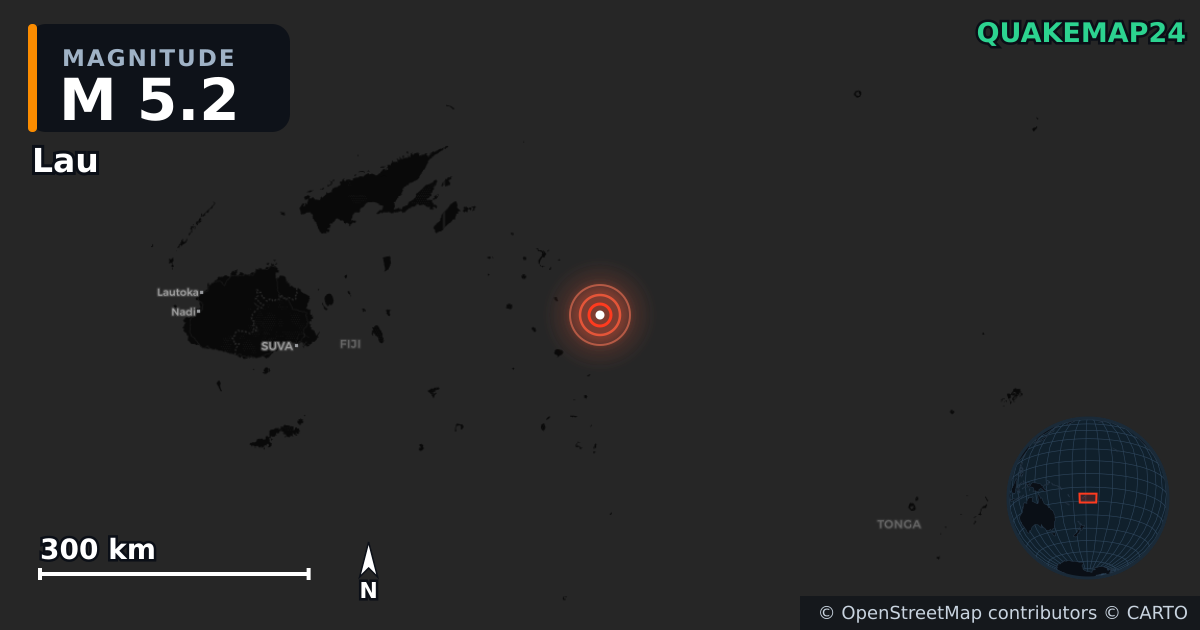 M5.2 earthquake near Lau on Feb 5, 2026 — map of epicenter and shaking intensity | QuakeMap24