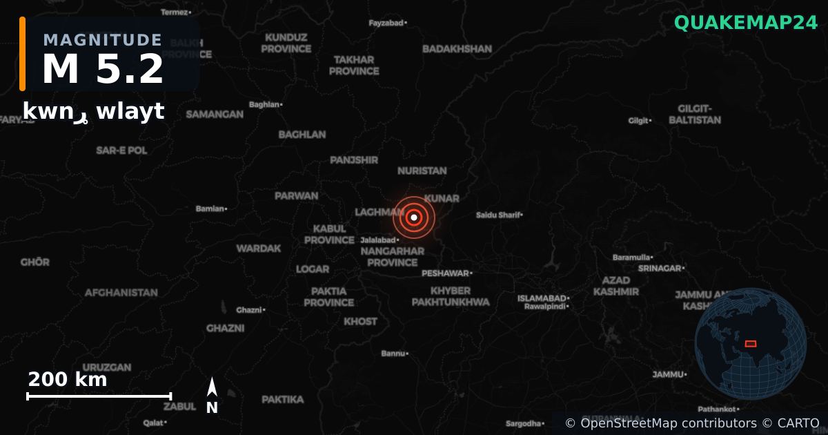 M5.2 earthquake near kwnړ wlayt on Aug 31, 2025 — map of epicenter and shaking intensity | QuakeMap24