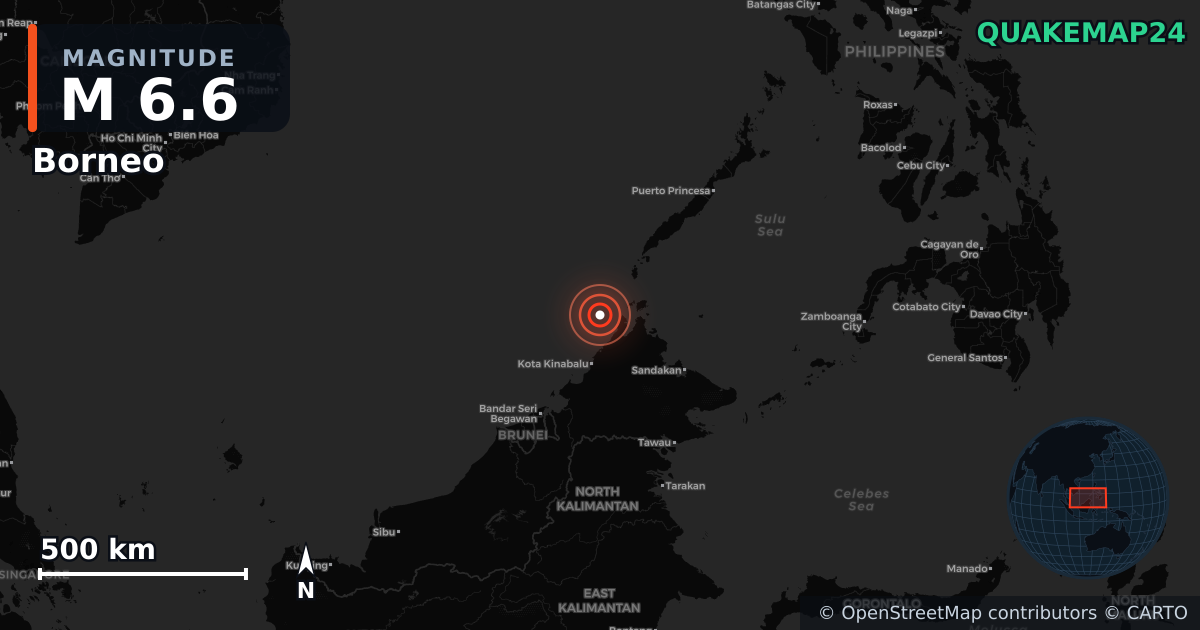 M6.6 earthquake near Borneo on Feb 22, 2026 — map of epicenter and shaking intensity | QuakeMap24