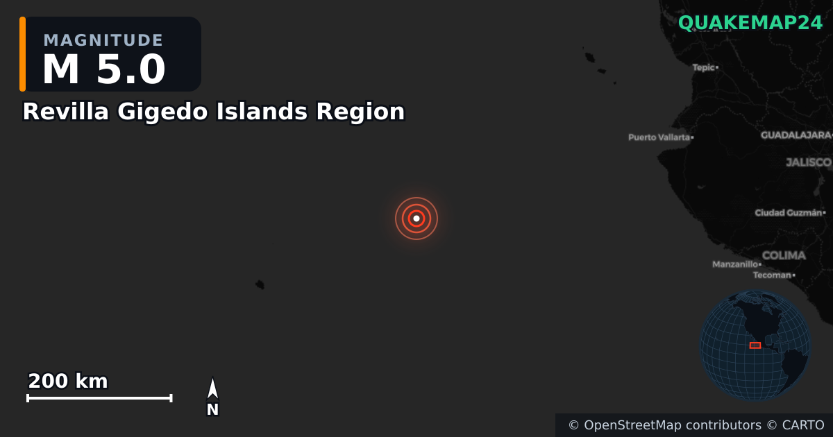 Terremoto de M5,0 cerca de Revilla Gigedo Islands Region — Mapa de la ubicación del epicentro