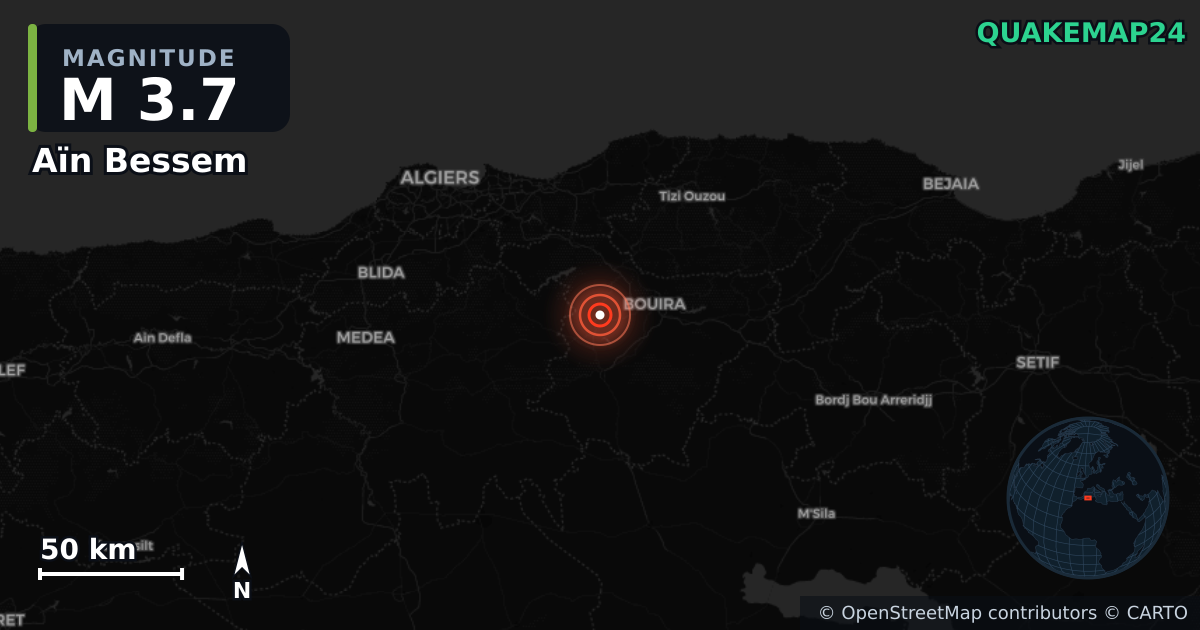 Erdbeben M3,7 bei Aïn Bessem, Bouira (Algerien) · 2026-09-15 — Karte der Lage des Epizentrums