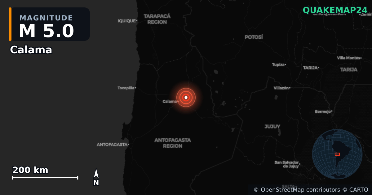 M5.0 earthquake near Calama on May 27, 2026 — map of epicenter and shaking intensity | QuakeMap24