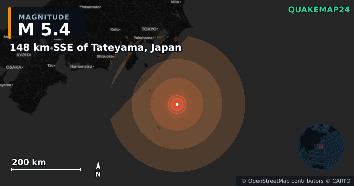Erdbeben M5,4 bei 148 km SSE of Tateyama, Japan · 2026-08-21 — Karte der Lage des Epizentrums