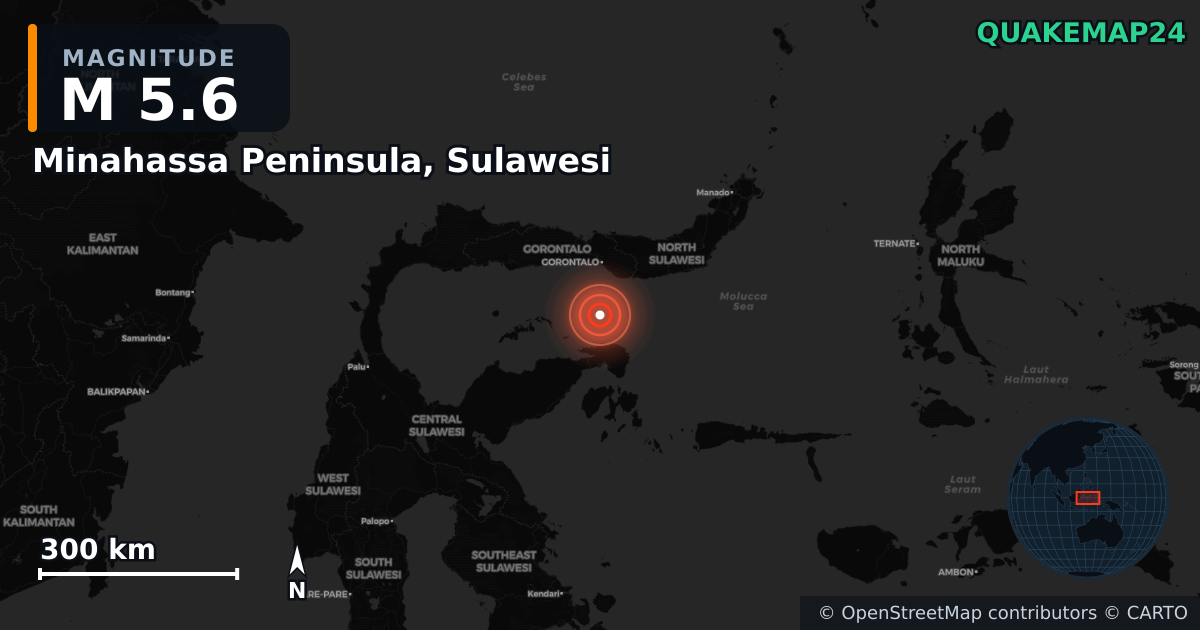 Sismo de M5,6 perto de Minahassa Peninsula, Sulawesi · 2025-11-04 — Mapa da localização do epicentro