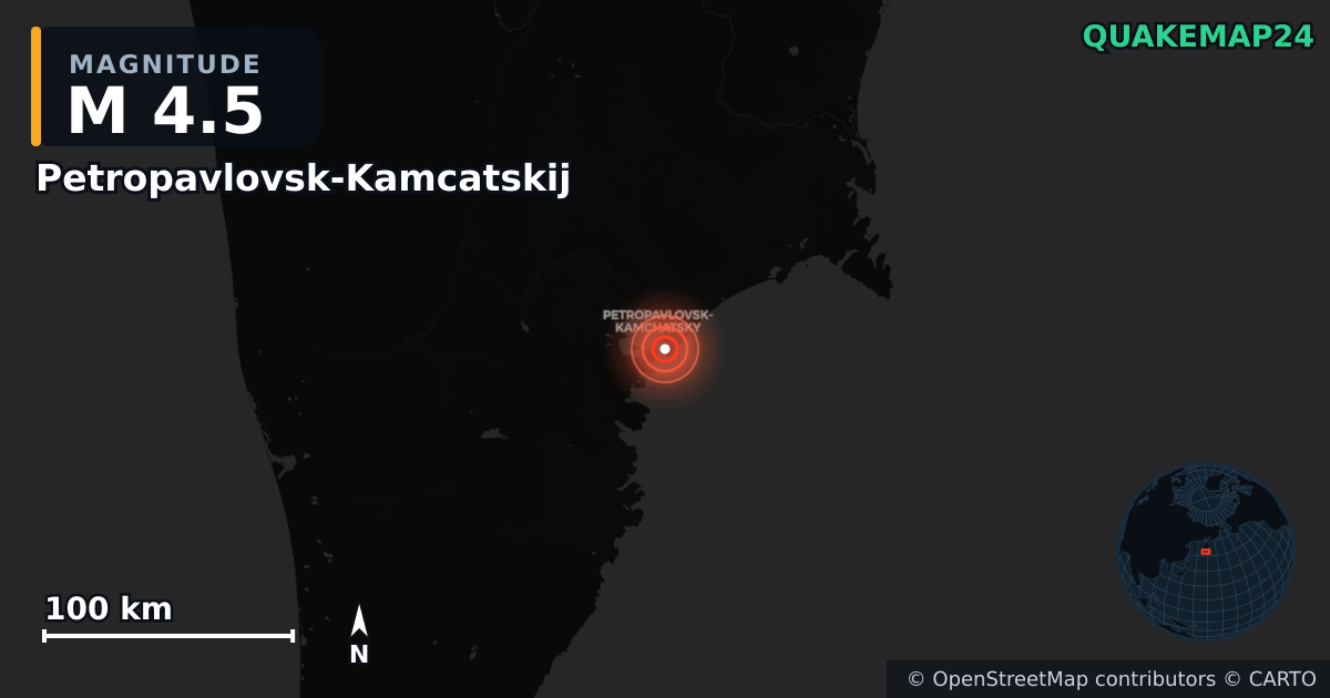 M4.5 earthquake near Petropavlovsk-Kamcatskij on Mar 7, 2026 — map of epicenter and shaking intensity | QuakeMap24