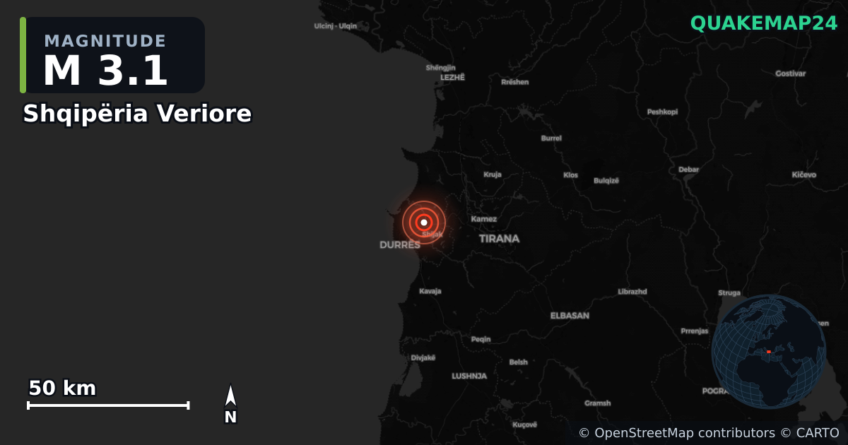 M3.1 earthquake near Shqipëria Veriore on Oct 20, 2025 — map of epicenter and shaking intensity | QuakeMap24