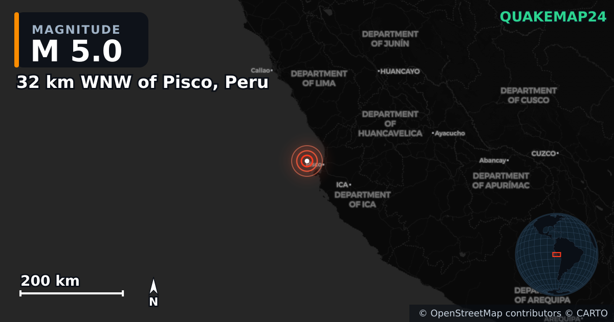 M5.0 earthquake near 32 km WNW of Pisco, Peru on Jul 8, 2025 — map of epicenter and shaking intensity | QuakeMap24