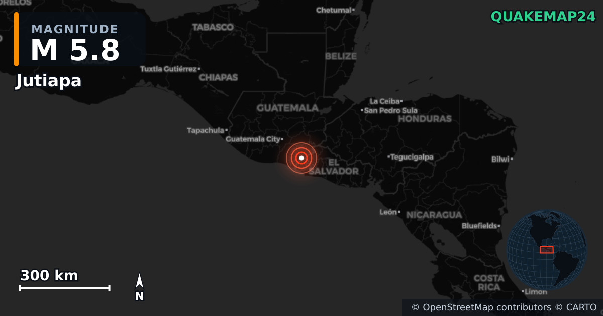 M5.8 earthquake near Jutiapa on Jul 29, 2025 — map of epicenter and shaking intensity | QuakeMap24