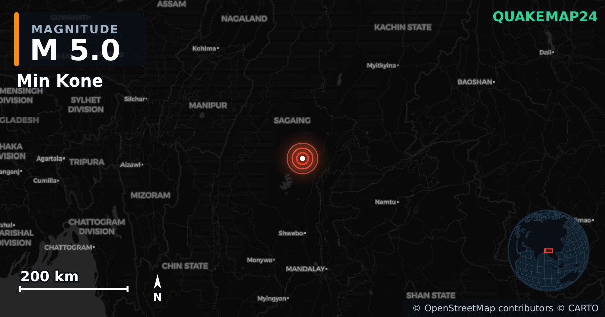 M5.0 earthquake near Min Kone on Apr 21, 2026 — map of epicenter and shaking intensity | QuakeMap24