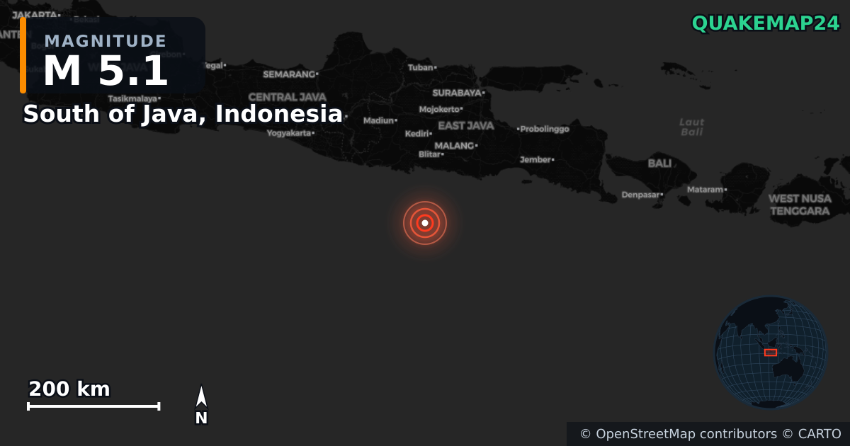 M5.1 Earthquake near South of Java, Indonesia · 2025-11-23 — Map showing the location of the epicenter