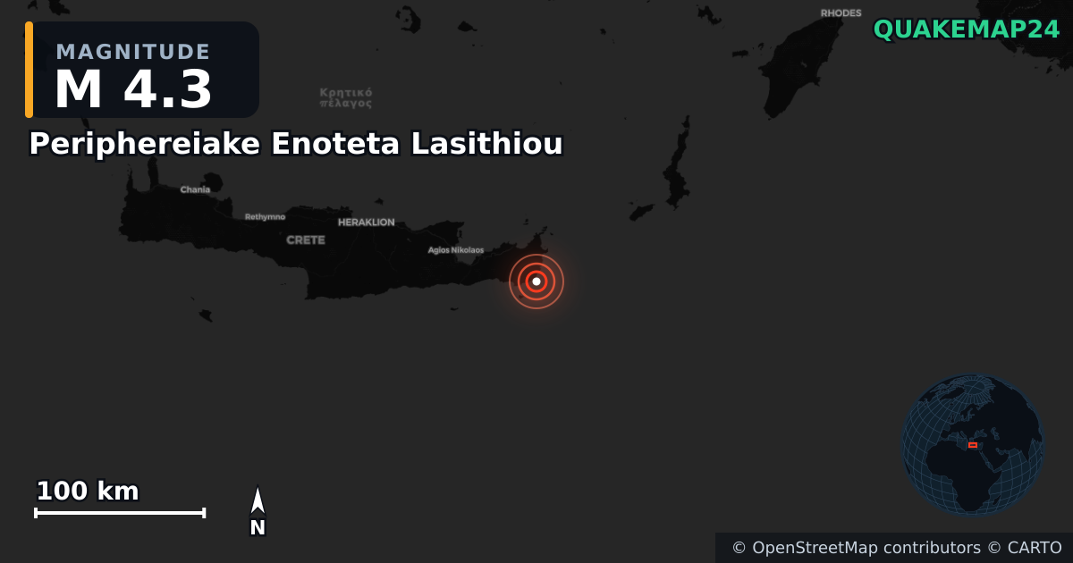 M4.3 earthquake near Periphereiake Enoteta Lasithiou on Apr 24, 2026 — map of epicenter and shaking intensity | QuakeMap24