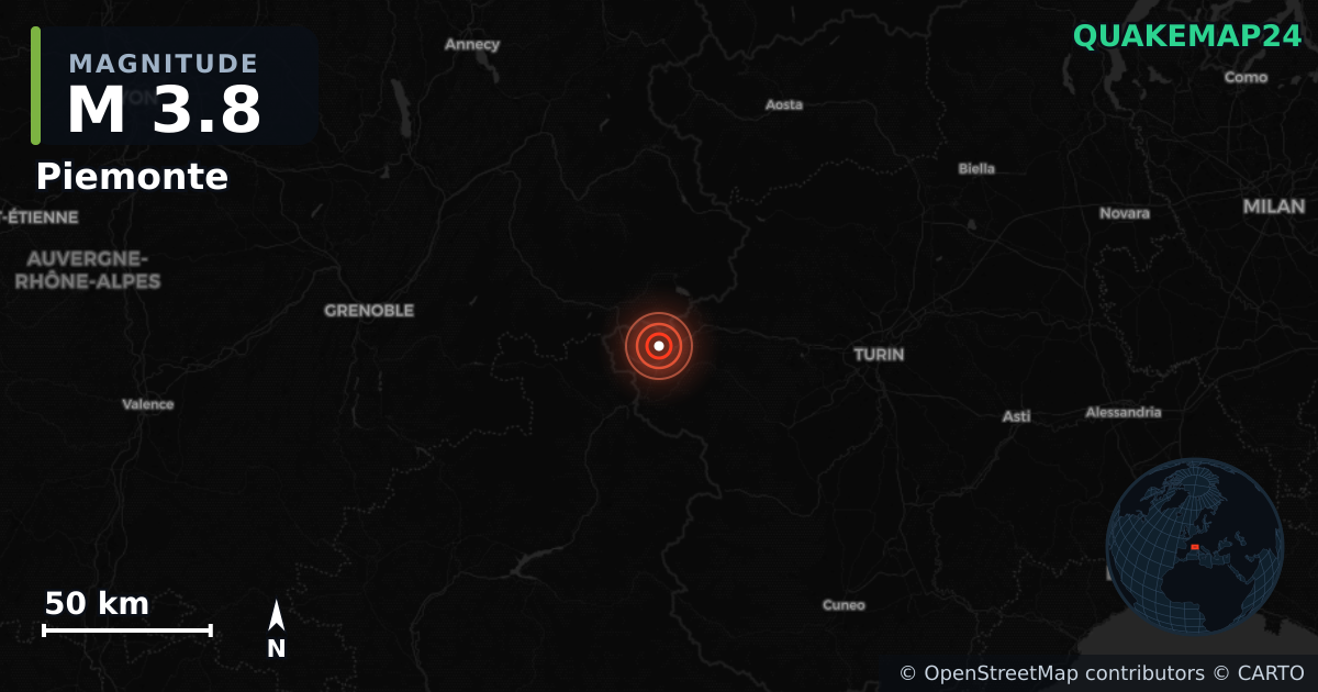 M3.8 earthquake near Piemonte on Jun 2, 2025 — map of epicenter and shaking intensity | QuakeMap24