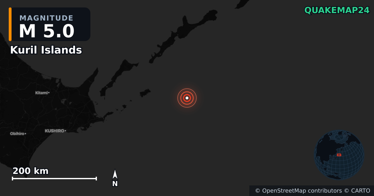 M5.0 earthquake near Kuril Islands on Dec 17, 2025 — map of epicenter and shaking intensity | QuakeMap24