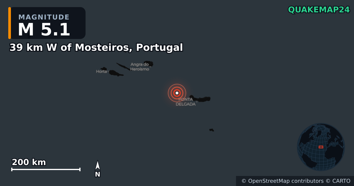 Erdbeben M5,1 bei 39 km W of Mosteiros, Portugal · 2026-10-20 — Karte der Lage des Epizentrums