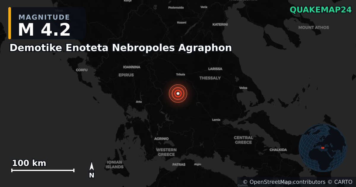 M4.2 earthquake near Demotike Enoteta Nebropoles Agraphon on Nov 24, 2025 — map of epicenter and shaking intensity | QuakeMap24