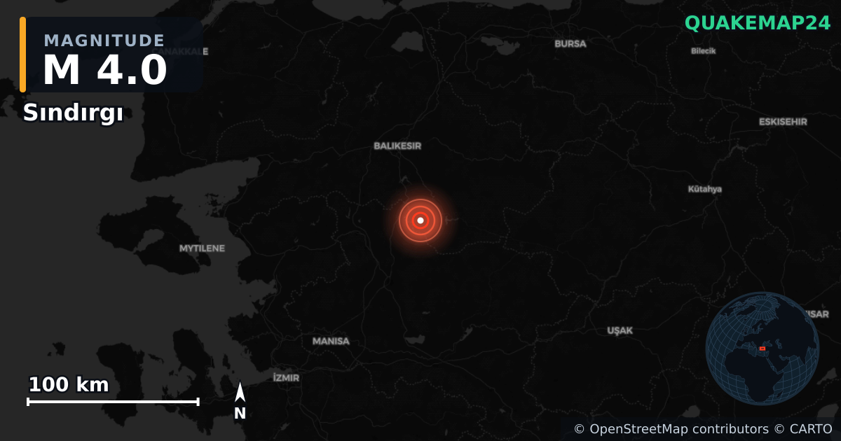 M4.0 earthquake near Sındırgı on Aug 11, 2025 — map of epicenter and shaking intensity | QuakeMap24