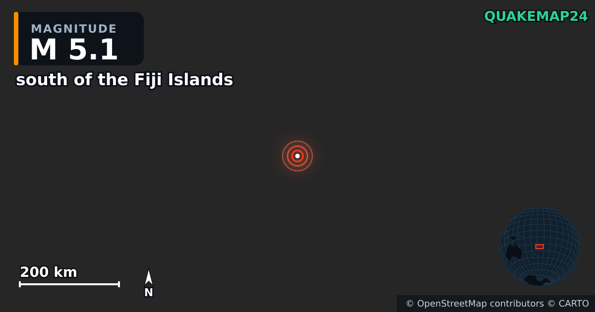 M5.1 earthquake near south of the Fiji Islands on Aug 1, 2026 — map of epicenter and shaking intensity | QuakeMap24