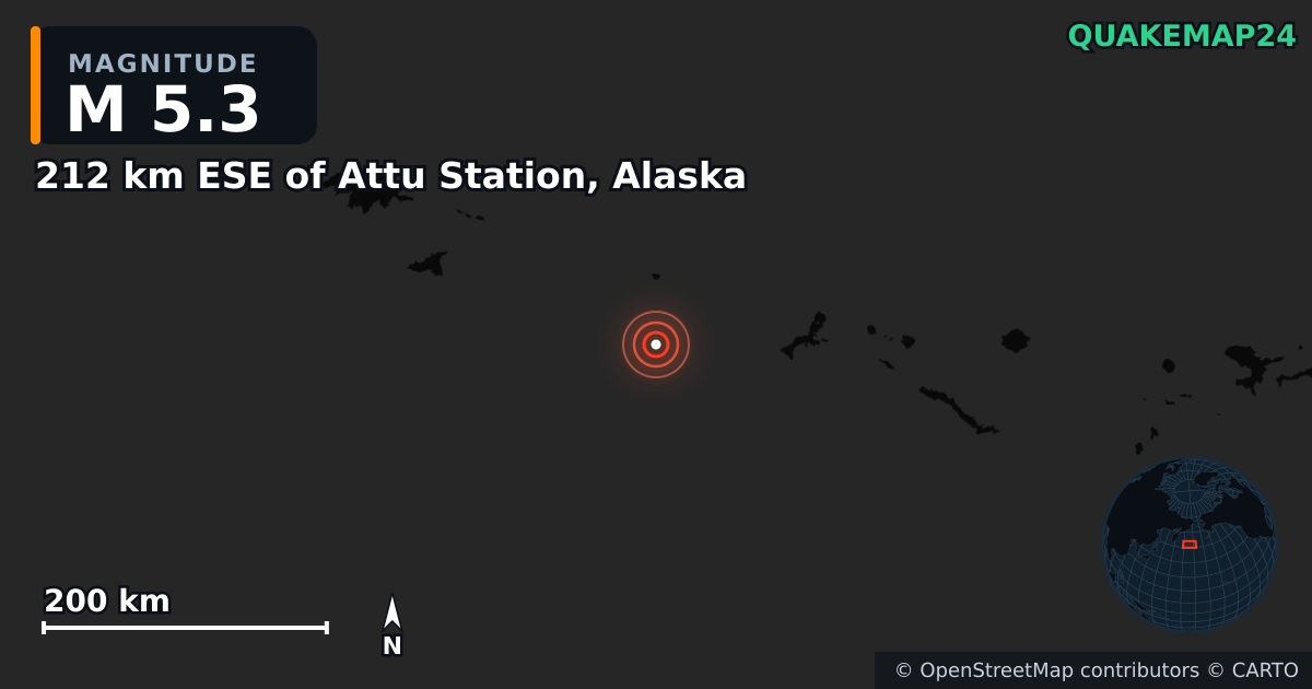 M5.3 earthquake near 212 km ESE of Attu Station, Alaska on Mar 3, 2026 — map of epicenter and shaking intensity | QuakeMap24