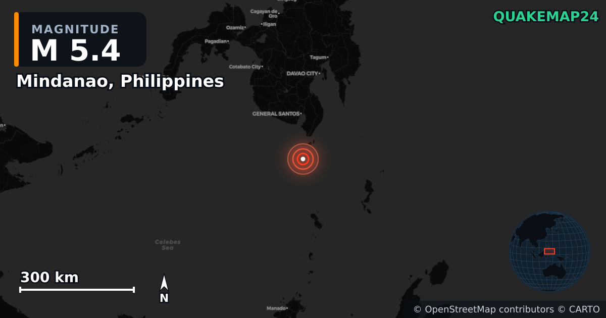 M5.4 earthquake near Mindanao, Philippines on Jun 8, 2026 — map of epicenter and shaking intensity | QuakeMap24