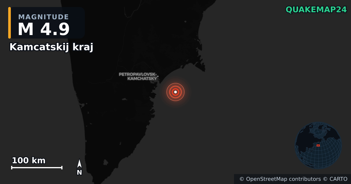 M4.9 earthquake near Kamcatskij kraj on Feb 14, 2026 — map of epicenter and shaking intensity | QuakeMap24