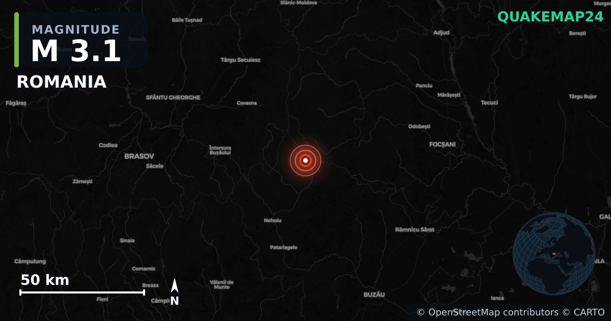 M3.1 earthquake near ROMANIA on Dec 21, 2025 — map of epicenter and shaking intensity | QuakeMap24