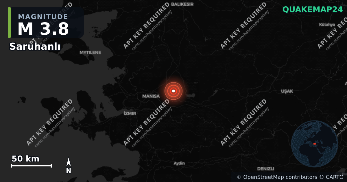 M3.8 earthquake near Saruhanlı on Sep 3, 2026 — map of epicenter and shaking intensity | QuakeMap24
