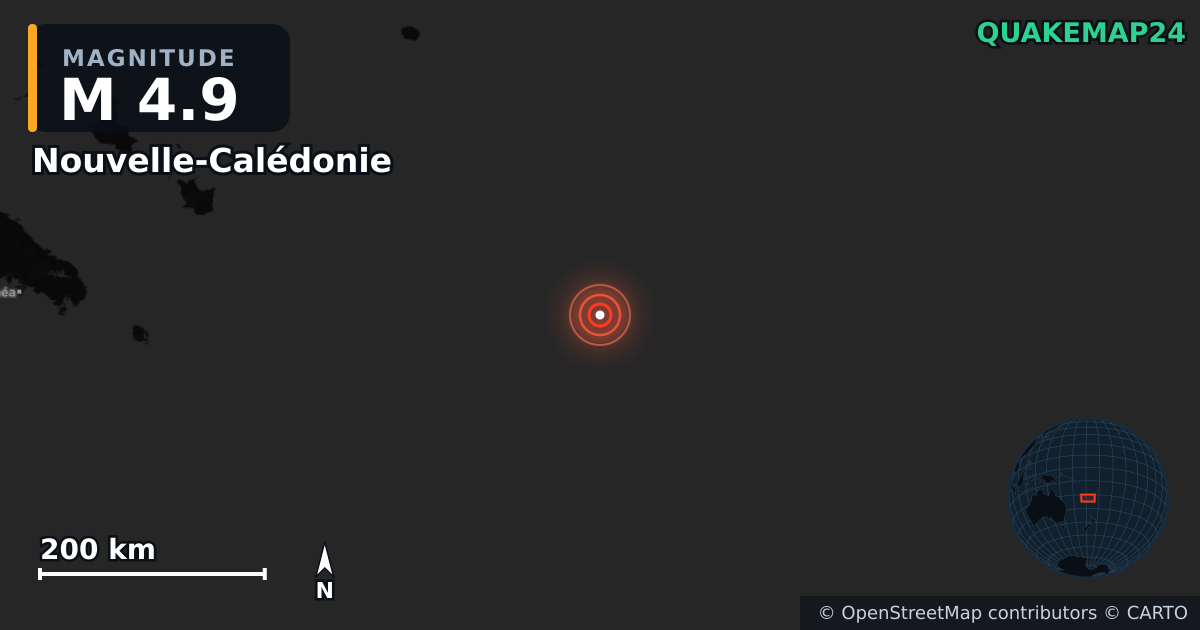 M4.9 earthquake near Nouvelle-Calédonie on Jan 8, 2026 — map of epicenter and shaking intensity | QuakeMap24