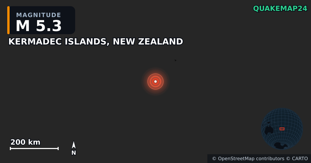 M5.3 earthquake near KERMADEC ISLANDS, NEW ZEALAND on Jul 12, 2025 — map of epicenter and shaking intensity | QuakeMap24