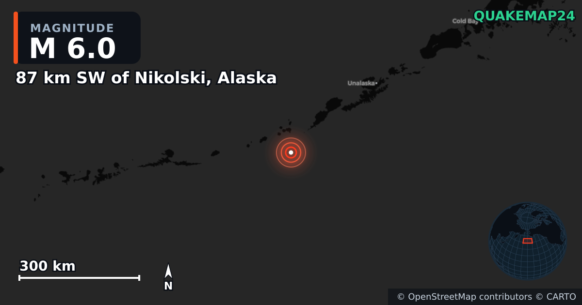 M6.0 earthquake near 87 km SW of Nikolski, Alaska on Sep 3, 2025 — map of epicenter and shaking intensity | QuakeMap24