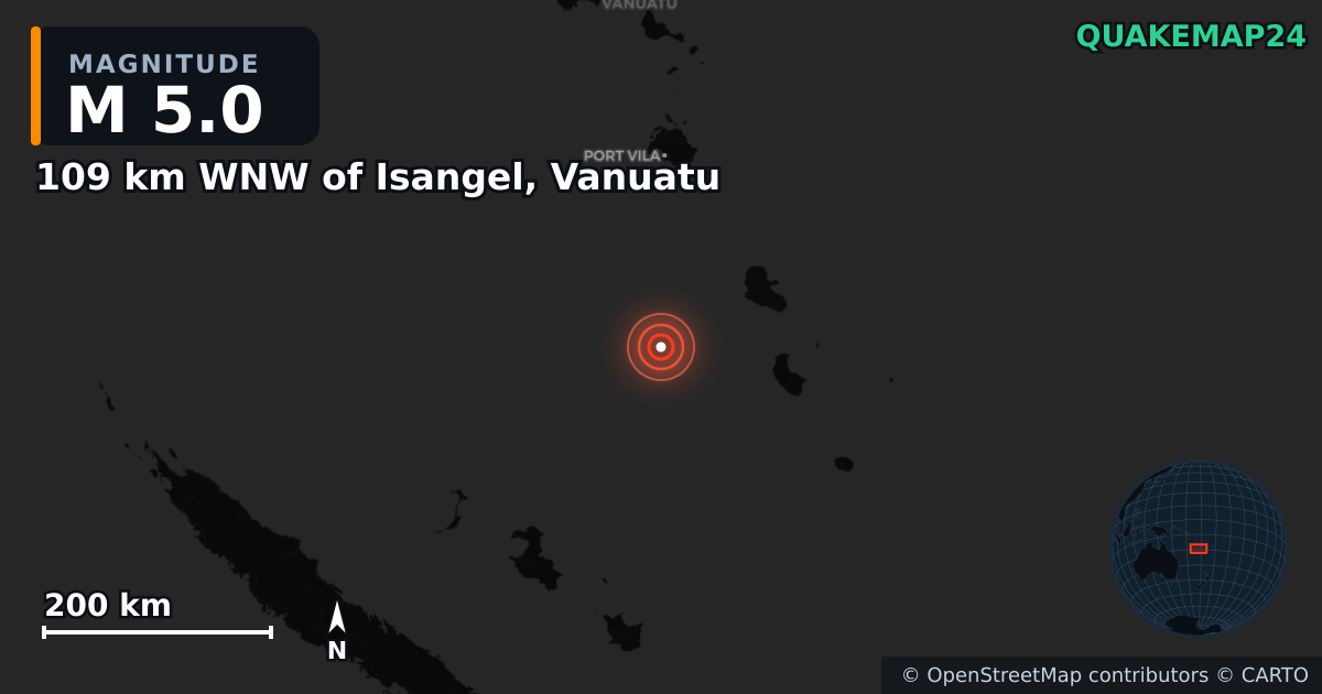 Erdbeben M5,0 bei 109 km WNW of Isangel, Vanuatu · 2026-08-28 — Karte der Lage des Epizentrums