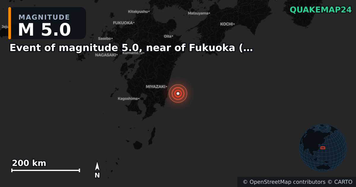Erdbeben M5,0 bei Event of magnitude 5.0, near of Fukuoka (Monde) — Karte der Lage des Epizentrums