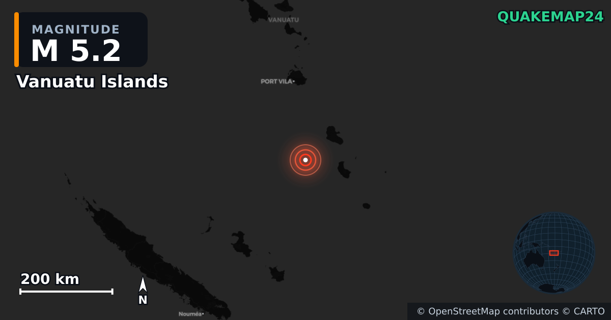 M5.2 earthquake near Vanuatu Islands on Sep 17, 2025 — map of epicenter and shaking intensity | QuakeMap24