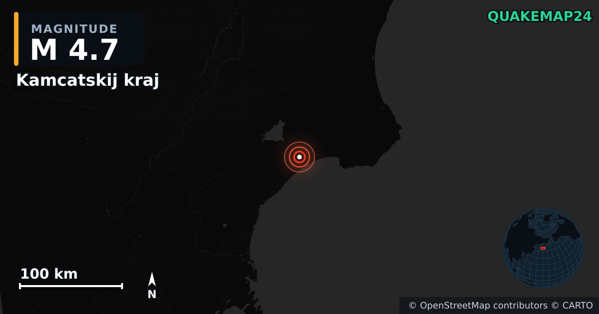 M4.7 earthquake near Kamcatskij kraj on Jul 5, 2025 — map of epicenter and shaking intensity | QuakeMap24