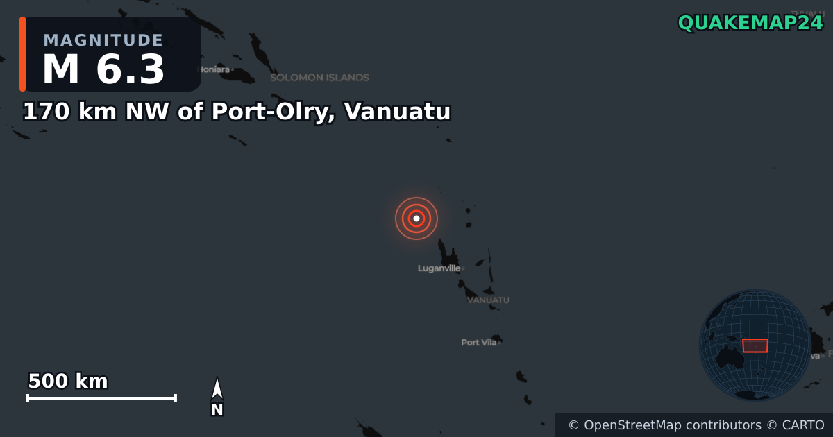 Terremoto de M6,3 cerca de 170 km NW of Port-Olry, Vanuatu · 2026-10-24 — Mapa de la ubicación del epicentro