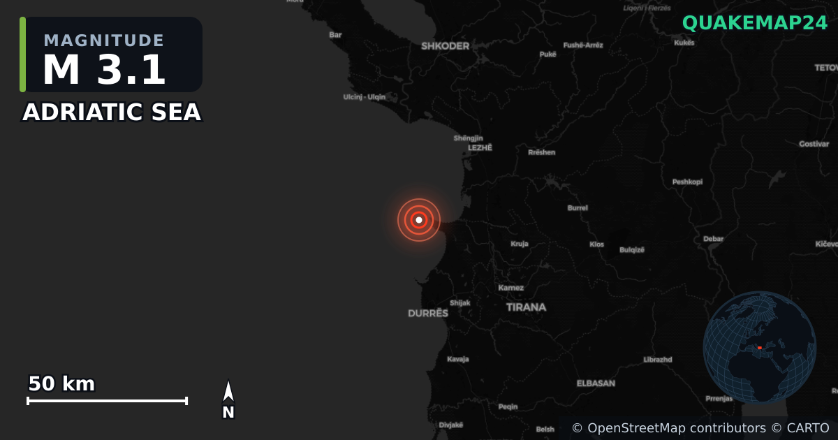 M3.1 earthquake near ADRIATIC SEA on Sep 30, 2025 — map of epicenter and shaking intensity | QuakeMap24