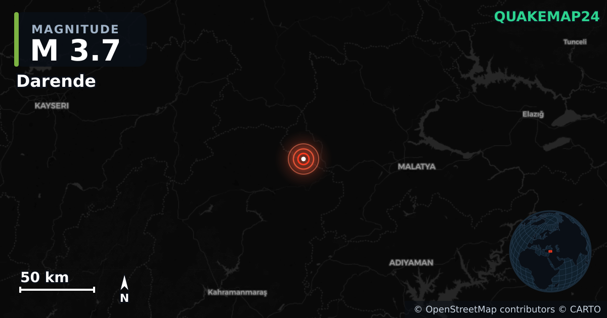 M3.7 earthquake near Darende on Aug 28, 2025 — map of epicenter and shaking intensity | QuakeMap24