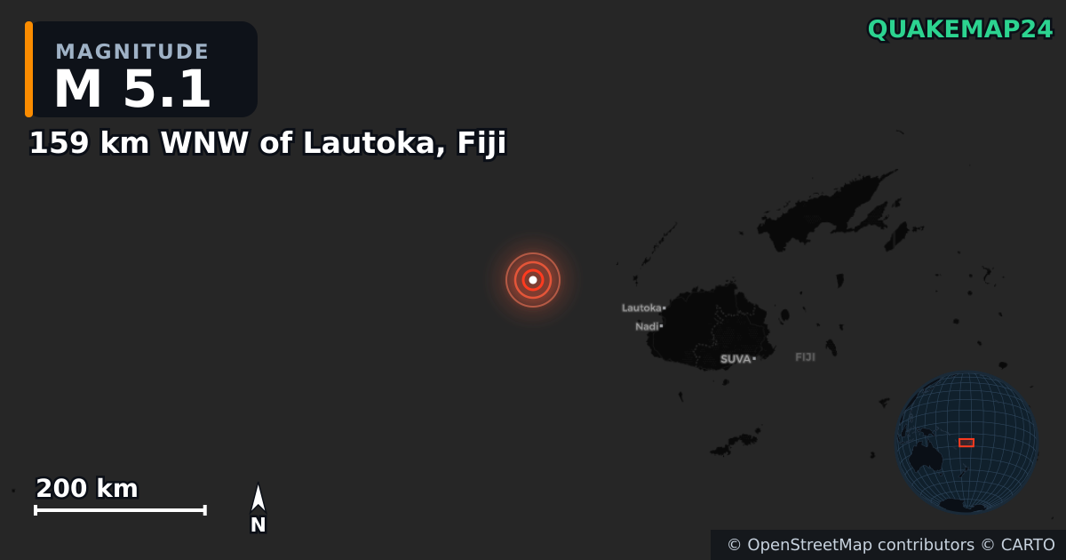 Sismo de M5,1 perto de 159 km WNW of Lautoka, Fiji — Mapa da localização do epicentro