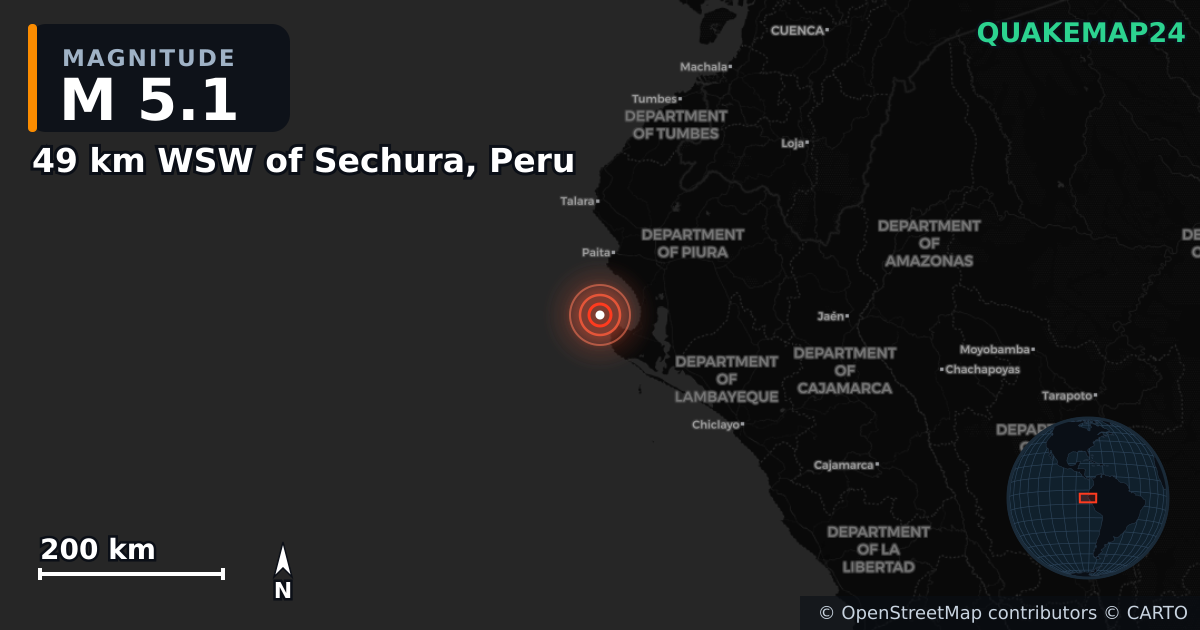 M5.1 earthquake near 49 km WSW of Sechura, Peru on Sep 16, 2025 — map of epicenter and shaking intensity | QuakeMap24