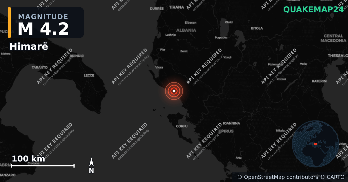M4.2 earthquake near Himarë on Jun 8, 2026 — map of epicenter and shaking intensity | QuakeMap24
