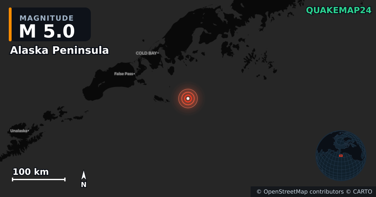 M5.0 earthquake near Alaska Peninsula on May 19, 2025 — map of epicenter and shaking intensity | QuakeMap24
