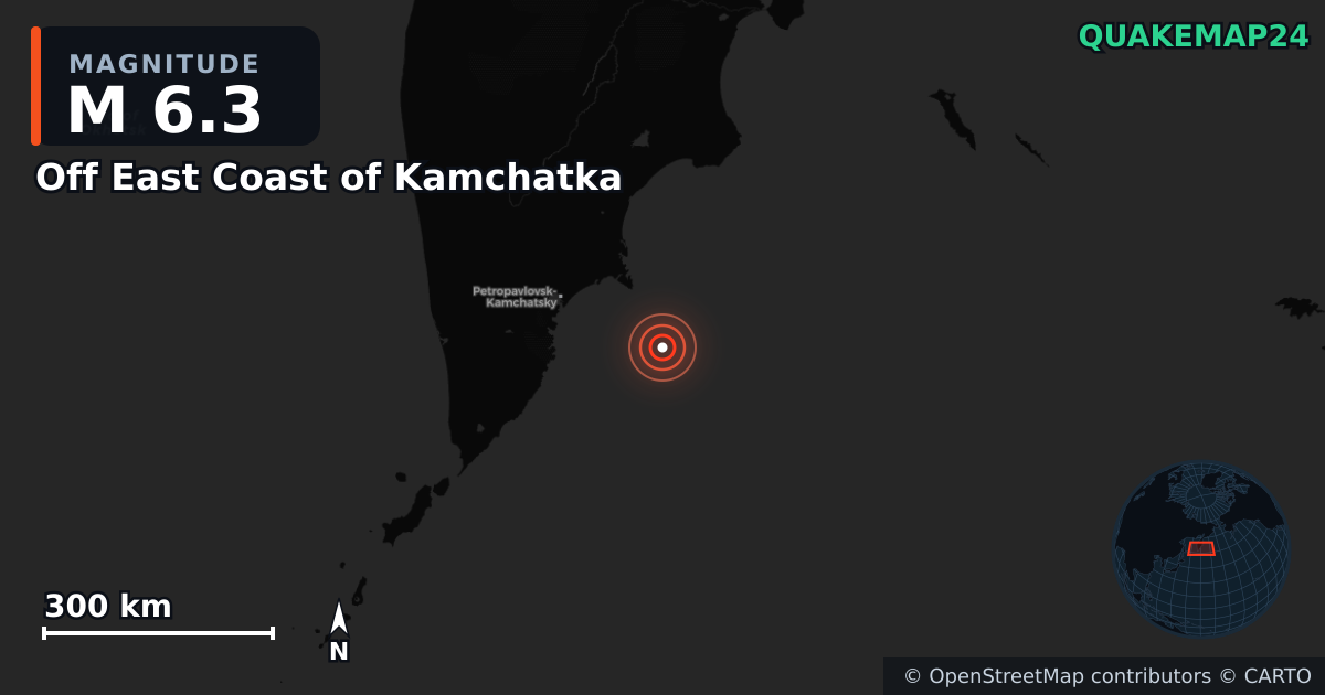 M6.3 earthquake near Off East Coast of Kamchatka on Dec 18, 2025 — map of epicenter and shaking intensity | QuakeMap24