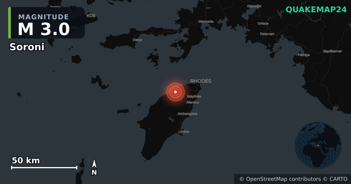 M3.0 Earthquake near Soroni, South Aegean (Greece) · 2026-10-26 — Map showing the location of the epicenter