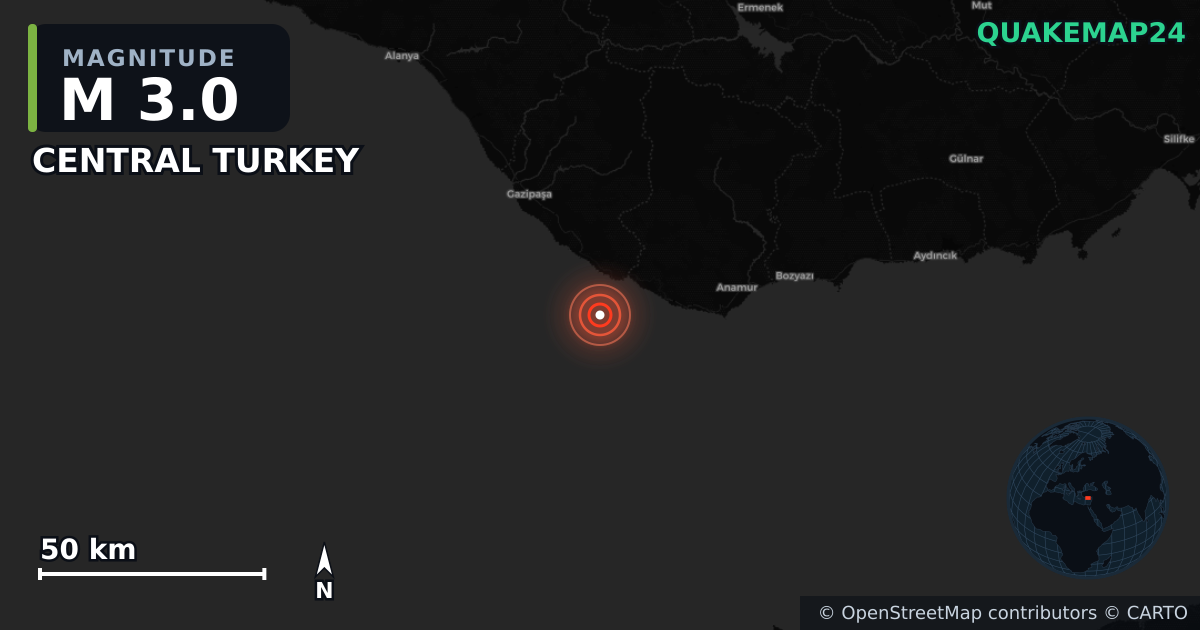 M3.0 earthquake near CENTRAL TURKEY on Aug 6, 2025 — map of epicenter and shaking intensity | QuakeMap24