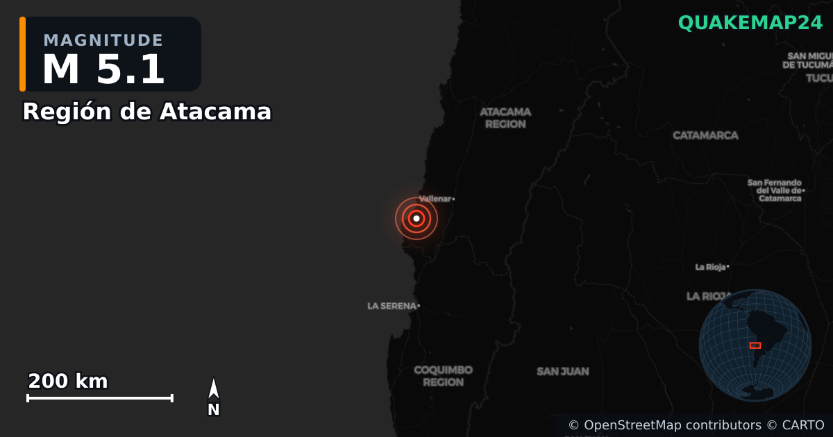 M5.1 earthquake near Región de Atacama on Nov 15, 2025 — map of epicenter and shaking intensity | QuakeMap24