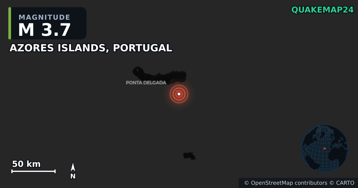 M3.7 earthquake near AZORES ISLANDS, PORTUGAL on Jun 16, 2025 — map of epicenter and shaking intensity | QuakeMap24