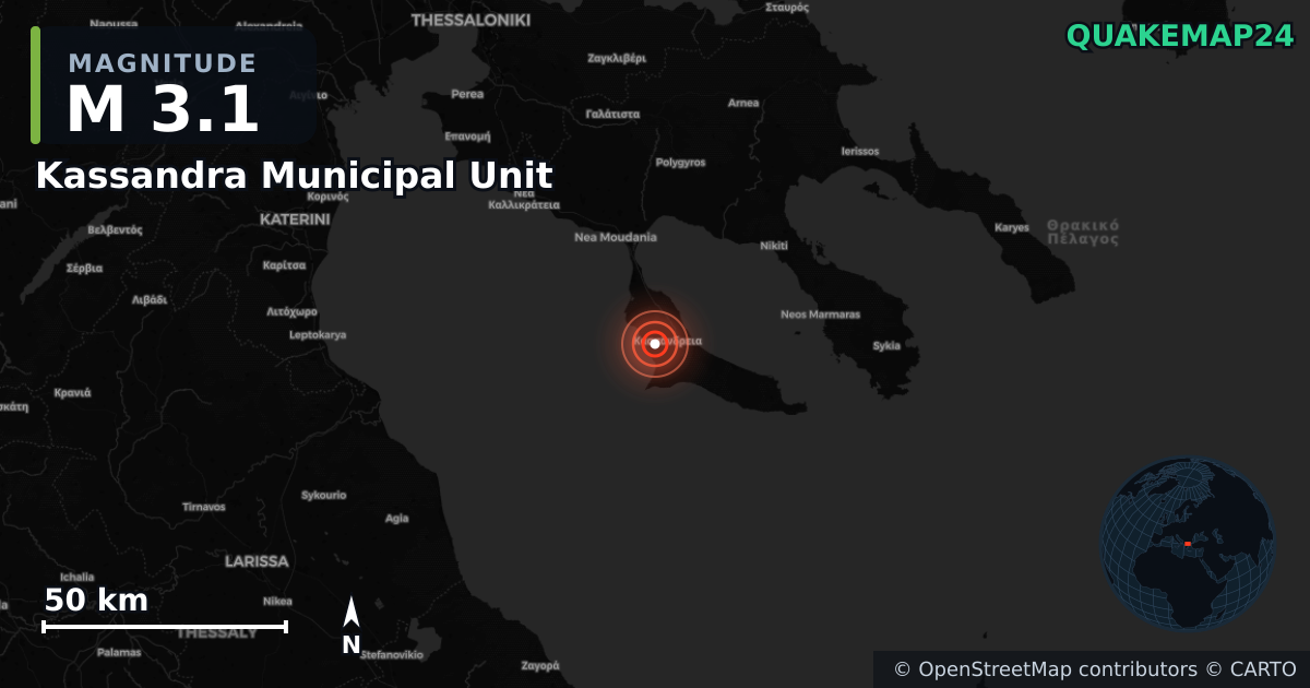 M3.1 earthquake near Kassandra Municipal Unit on Aug 15, 2026 — map of epicenter and shaking intensity | QuakeMap24