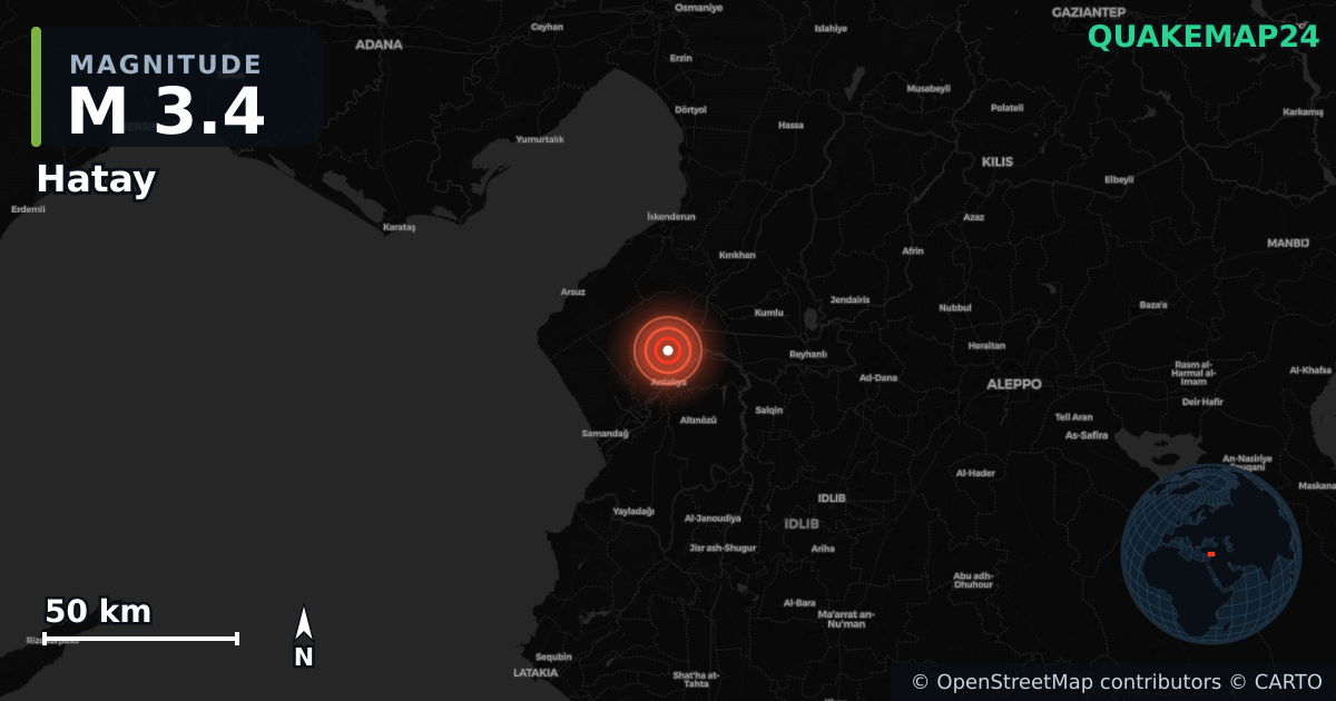 M3.4 earthquake near Hatay on Jul 5, 2025 — map of epicenter and shaking intensity | QuakeMap24