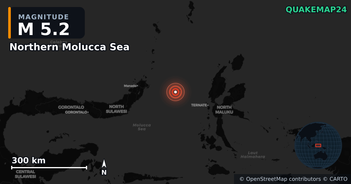 Erdbeben M5,2 bei Northern Molucca Sea — Karte der Lage des Epizentrums