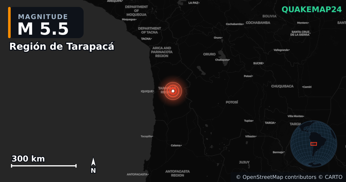 M5.5 earthquake near Región de Tarapacá on Sep 19, 2025 — map of epicenter and shaking intensity | QuakeMap24